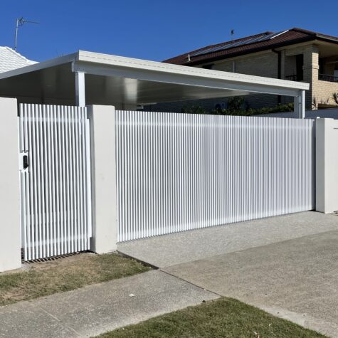 White Battens Sliding Gate and Pedestrian Gate
